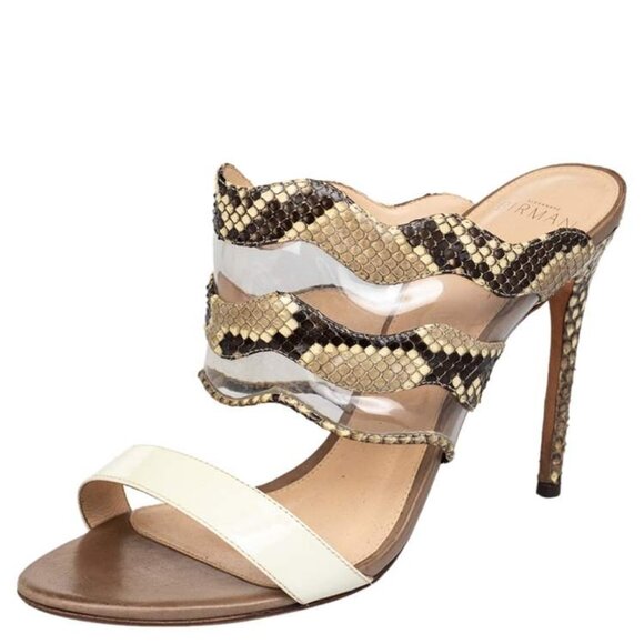 Alexandre Birman Python Ivory Patent PVC Open Toe High Heel Slides Sandals 39 - Picture 1 of 9